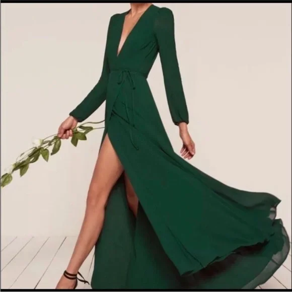 Reformation emerald green Milan wrap maxi dress